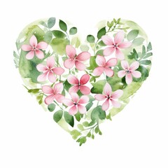 small simple pink and green flowers watercolor Heart Print, Valentines Day, Nursery style, white background, isolated