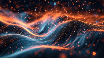 Obraz premium Data visualization, Dark indigo and orange, High-tech background with flowing lines and stars. Generative AI.