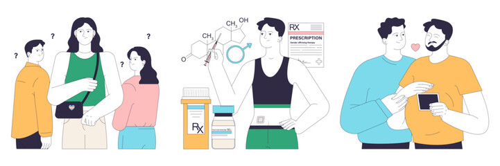 Gender transition consequences set. Gender-affirming therapy, positive and negative experience. Transgender person mental health, legalization, activism and discrimination. Flat vector illustration