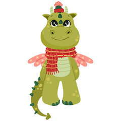 Cute green Christmas dragon in winter hat. Year of the Dragon, Chinese calendar.