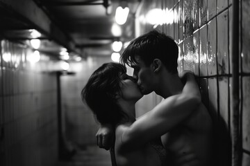 Fototapeta na wymiar Nostalgic Kiss full of love: A Glimpse into Summer 1990, a Young Woman's Muscular Aesthetic in a Sauna - Rough and Aggressive, Capturing a Loving Kissing Moment Amidst Steamy Sensual Atmosphere