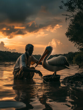A Photo of a Man Playing with a Pelican in Nature