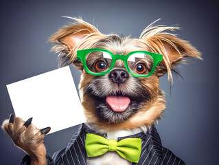 Funny funny dog in a business suit and green glasses holds a white sheet in his paw for inscription. - obrazy, fototapety, plakaty
