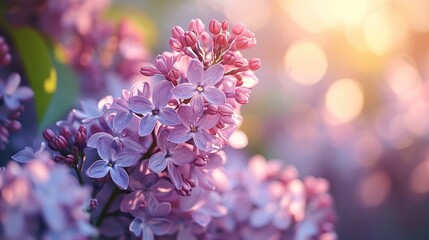Beautiful spring flowers lilac in the sunlight, Soft selective focus. Generative AI.