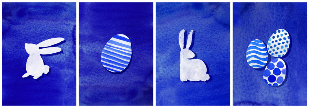 Modern Easter Postcards Set, Watercolor handmade Rabbit Eggs background deep blue and white color
