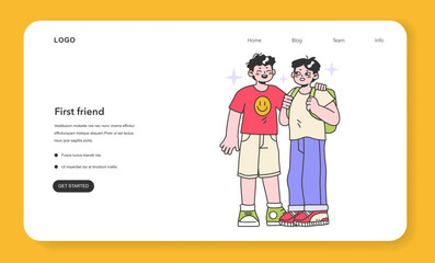 First friend web banner or landing page. School friends standing together. Childhood yeas life milestones. Little boy getting old and gain new experience. Flat vector illustration