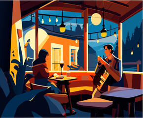 A folk singer in a cozy cafe. vektor icon illustation - obrazy, fototapety, plakaty