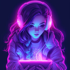 Neon Harmony: Embracing Music on Tablet with Pink-Purple Glow