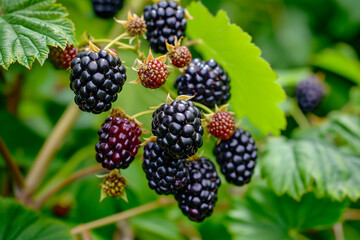 handful of plump blackberries, with a few still on the vine - obrazy, fototapety, plakaty