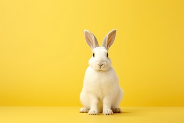 Easter white fluffy rabbit sits on a yellow background