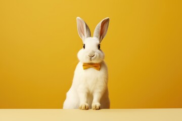 Fototapeta na wymiar Easter white fluffy rabbit sits on a yellow background