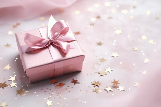 pink gift boxes on a pink background, blurred confetti and stars flying in the air