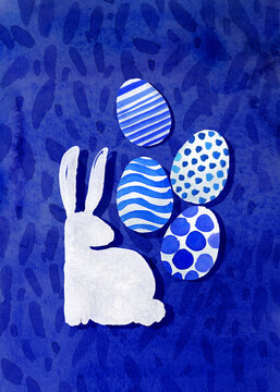 Modern Easter Postcard, Watercolor handmade Rabbit Eggs background deep blue and white color