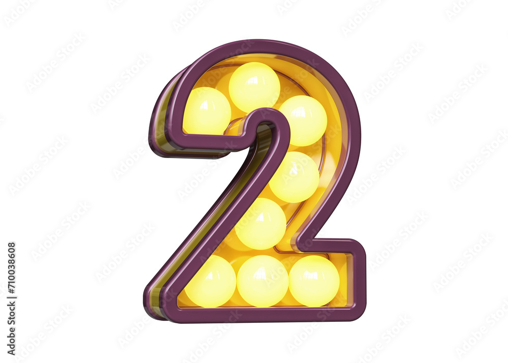 Poster retro modern light bulb marquee font 3d digit number 2 in violet and yellow. high quality 3d renderi