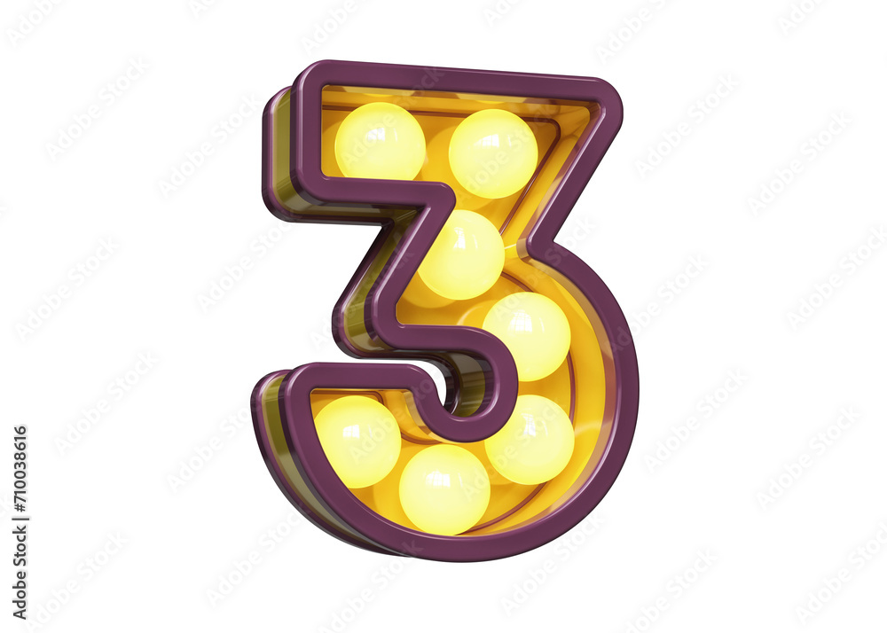Poster light bulb sign digit number 3 in purple with warm yellow light. high quality 3d rendering.