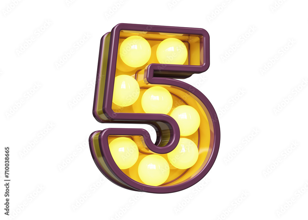 Poster light bulb marquee typography digit number 5 in purple with warm yellow light. high quality 3d rende