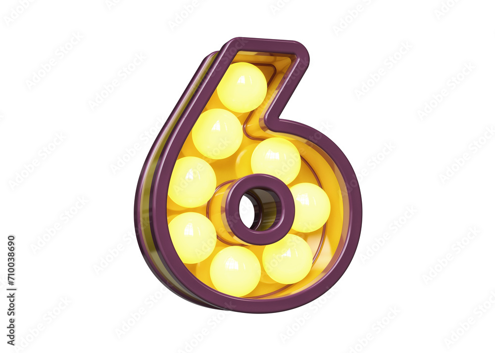 Poster light bulb marquee typeface digit number 6 in violet and yellow. high quality 3d rendering.