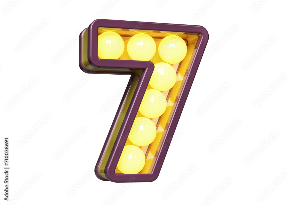 Poster eye catching retro style 3d light bulb sign digit number 7 in yellow and violet. high quality 3d ren