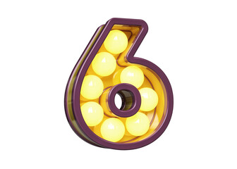 Light bulb marquee typeface digit number 6 in violet and yellow. High quality 3D rendering.