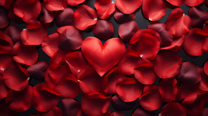 Red rose petals in heart shape background, Valentine's wallpaper concept, top view