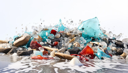 close up of ocean colorful beach crystals with water splashing around