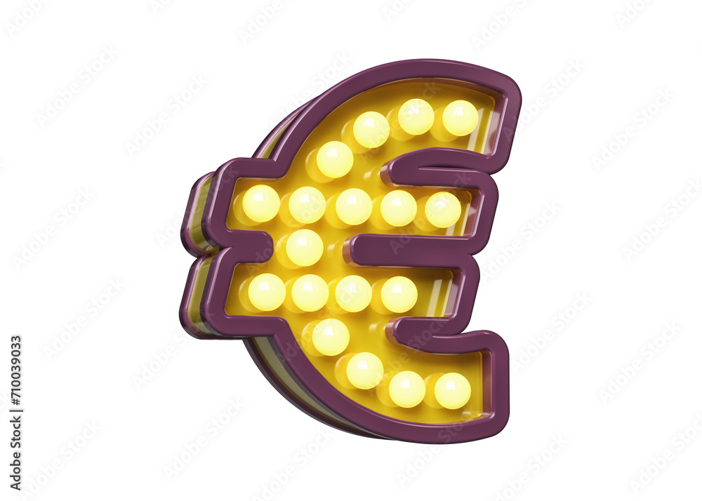 Poster light bulb box in the shape of euro symbol in violet and yellow. high quality 3d rendering.