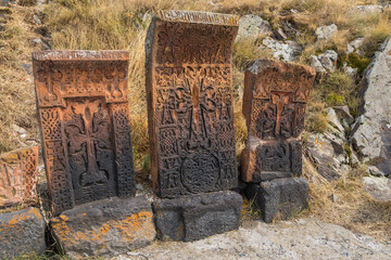 Old Armenian khachkar cross stone in Sevanavank, Armenia. - 710039008