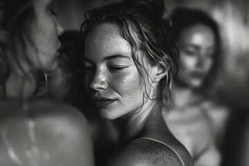 Heatwave of Desire: A Vintage Black & White Photo Captures the Bold and Aggressive Aura of a Muscular Sensual Aesthetic Young Woman in a Summer Sauna. - obrazy, fototapety, plakaty