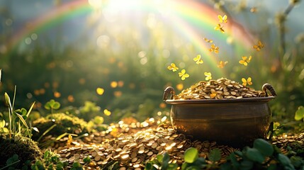 A pot of gold at the end of a rainbow on a green background. Generative AI. - obrazy, fototapety, plakaty