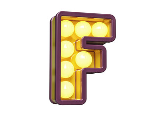 Light bulb marquee alphabet 3D character F in purple with warm yellow light. High quality 3D rendering.