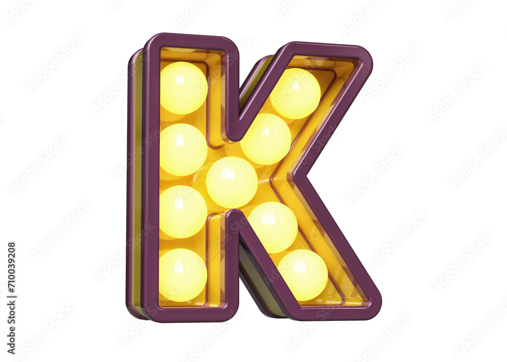 Poster modern retro style font 3d. light bulb marquee letters. character k in violet with warm light. high 