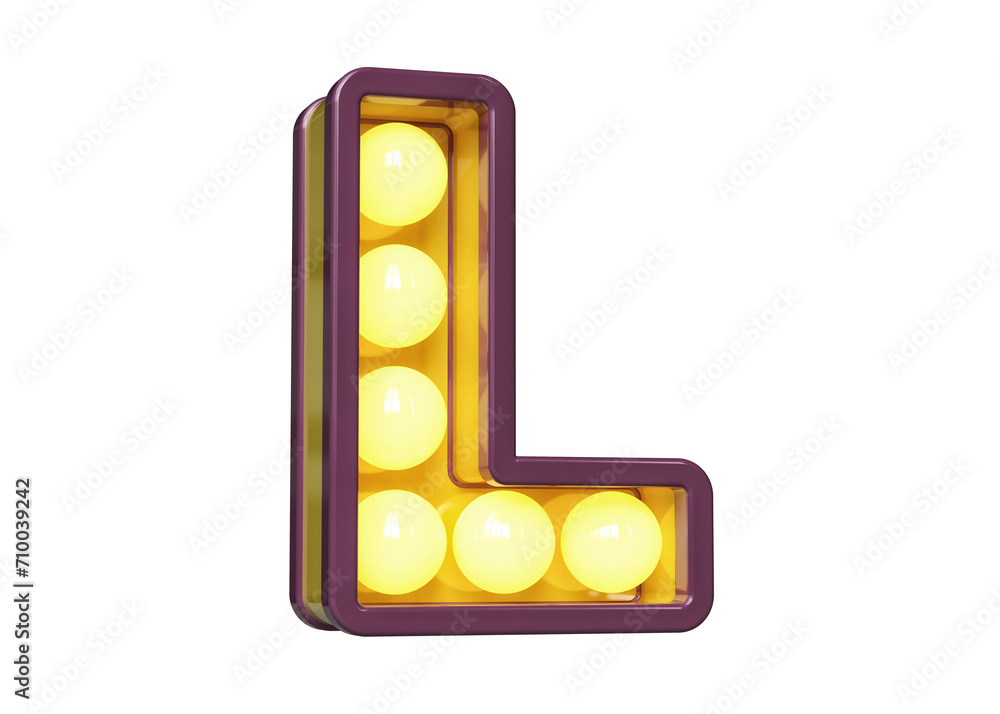 Poster light bulb marquee letters in purple with yellow light. font 3d character l. high quality 3d renderi