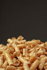 Wood pellets biofuel pile on gray background