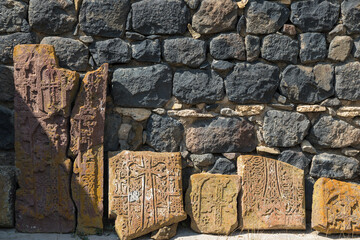 Old Armenian khachkar cross stone in Sevanavank, Armenia. - 710039231