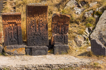 Old Armenian khachkar cross stone in Sevanavank, Armenia. - 710039259