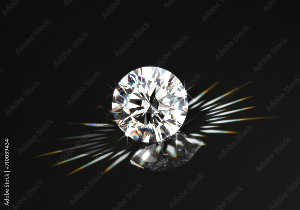 Poster shiny facet diamond placed on black background with caustic light 3d rendering