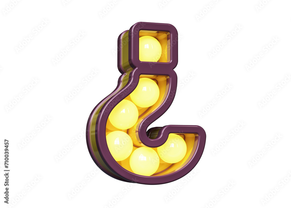Poster 3d light bulb marquee in the shape of question mark in purple and yellow. high quality 3d rendering.