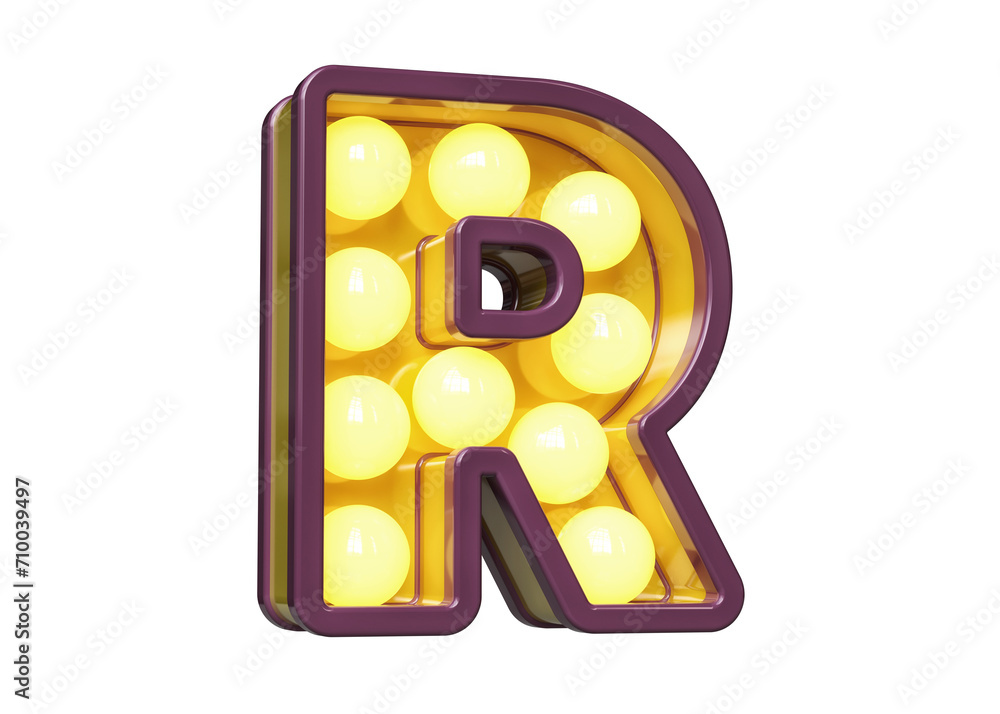 Poster retro modern typography character r in violet with yellow light. light bulb marquee letters. high qu