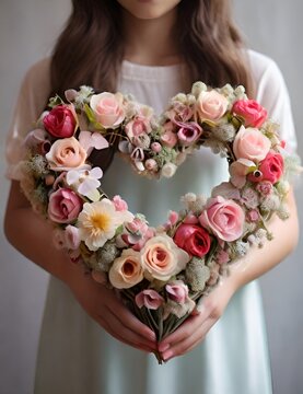 The romantic wreth of roses in the shape of heart which is hold by the girl's hands