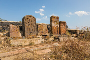 Old Armenian khachkar cross stone in Sevanavank, Armenia. - 710039639