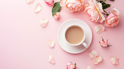 Obraz na płótnie Canvas Elegant Tea Time with Roses on Pink Surface