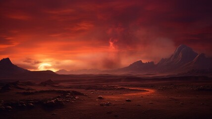 Fototapeta na wymiar The Enigmatic and Menacing Beauty of a Desolate Landscape Bathed in the Crimson Glow of the Setting Sun - AI Generative