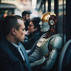 a robot sitting in a city bus,  highlighting the diverse group of humans behind, capturing a moment of technological integration and human connection 