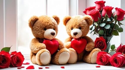 Valentine's Day. Background for February 14. A pair of  teddy bears with red hearts. Two plush fluffy bears sitting by the window near a vase of roses. Romantic couple