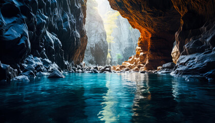 Tranquil Coastal Cave with Stunning Rock Formation Nature's Beauty