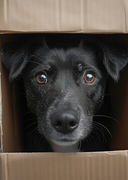 Perro abandonado en una caja de cartón, maltrato animal, está asustado y atento. Adopta un cachorro. Crianza responsable. Dog for adoption - 