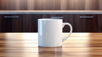 white mug on a wooden dining table, cleancore