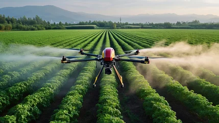 Crédence de cuisine en verre imprimé Prairie, marais An agricultural drone from above working over field, Fumigating spreading steam, Top view. Generative AI.