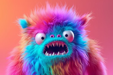 Fototapeta premium Cute multicolored furry monster 3D cartoon character.