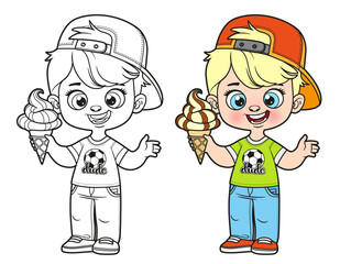 Cute cartoon boy in cap with ice cream in hand outlined and color variation for coloring page
